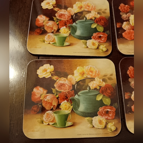 5 cork Backed Coasters artist Fabrice De Villeneuve Teapots Teacups floral - Picture 2 of 6